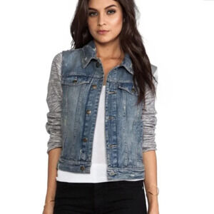 Free People Knit Sleeve Distressed Denim Jacket Size XS